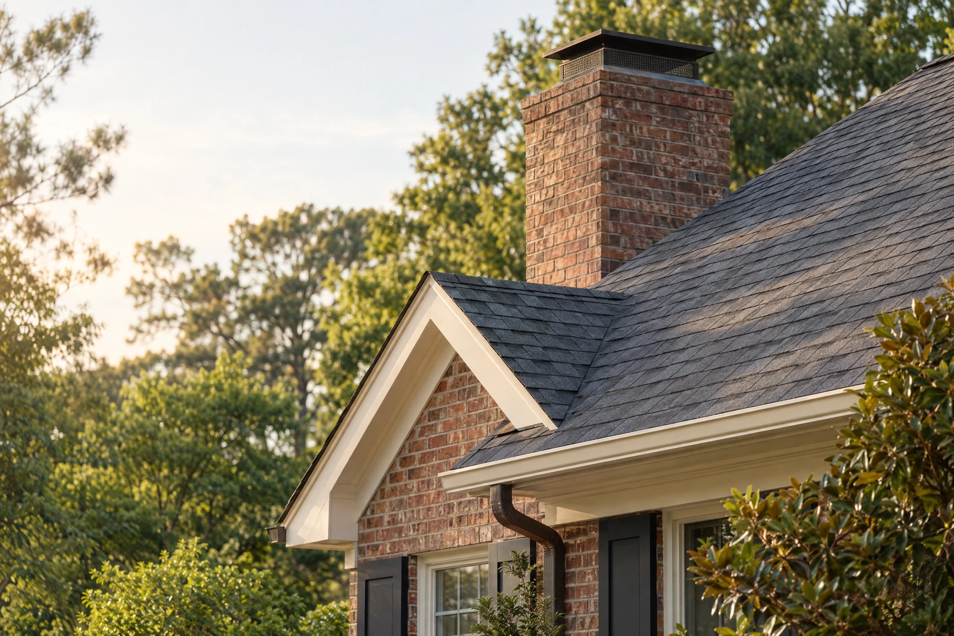 Finished roofline with shingles and brick